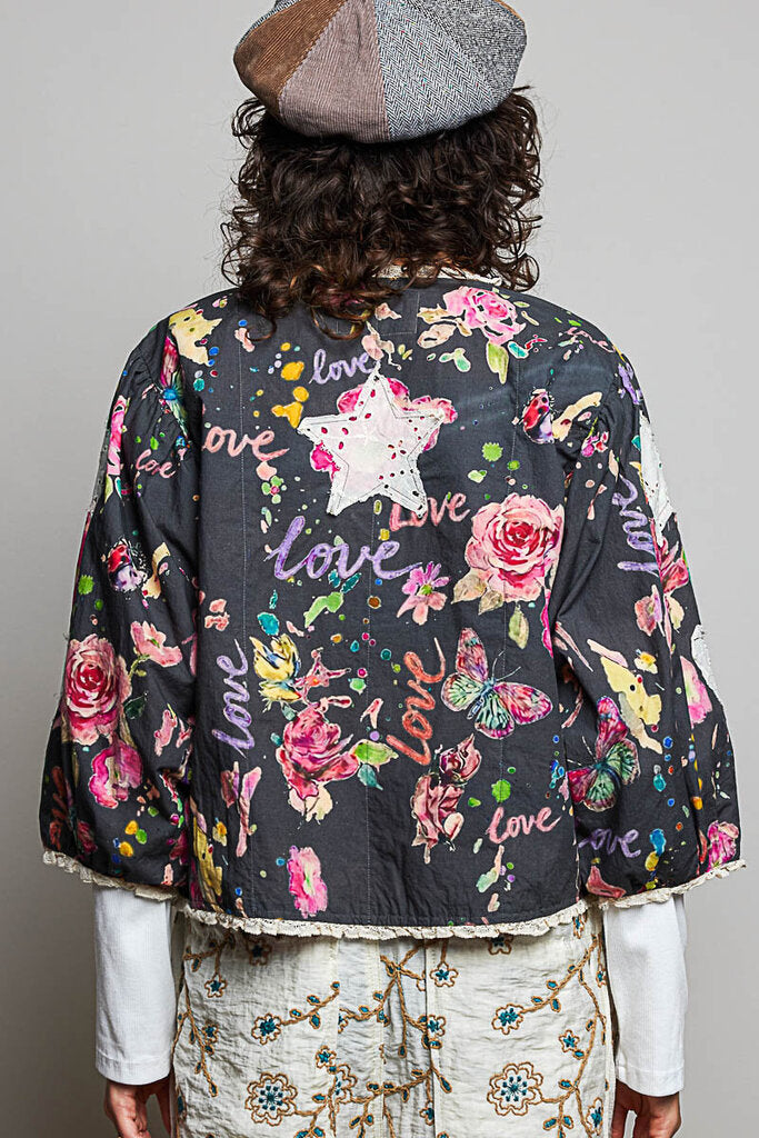 POL Charcoal and Multi Floral Cotton Jacket