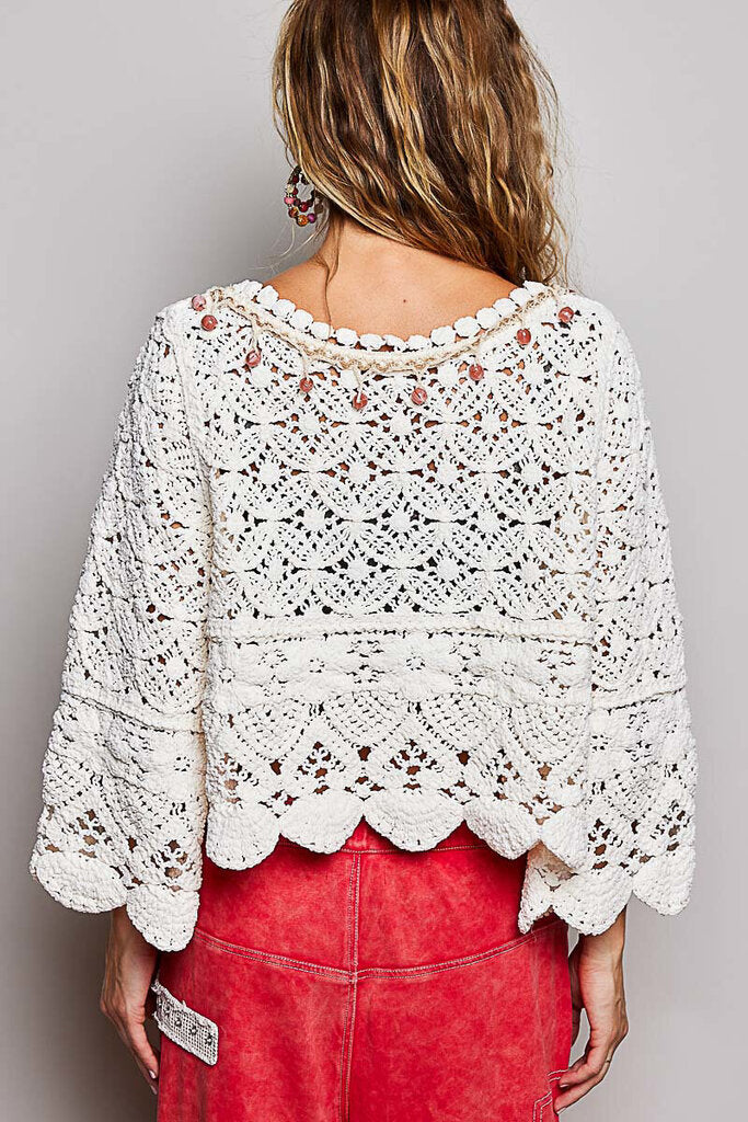 POL Cream Long Sleeve Sweater Knit Crochet Top