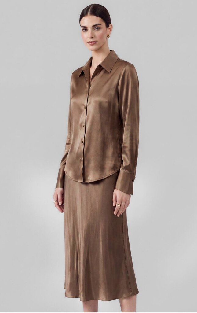 CURRENT AIR Brown Satin Look Long Sleeve Blouse Top