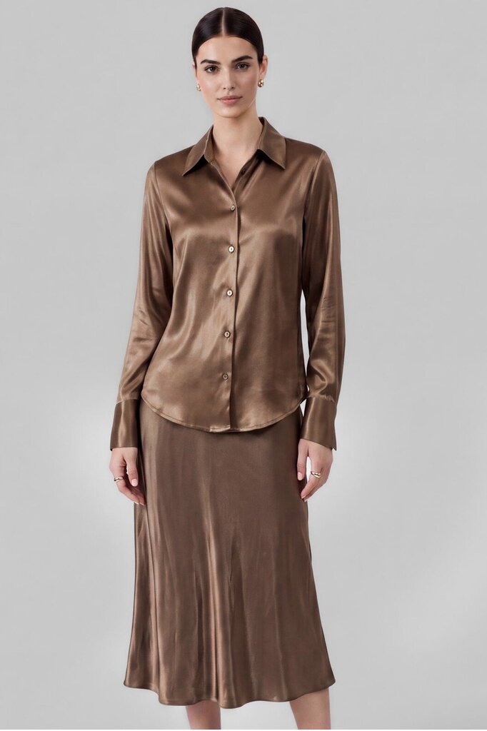 CURRENT AIR Brown Satin Look Long Sleeve Blouse Top