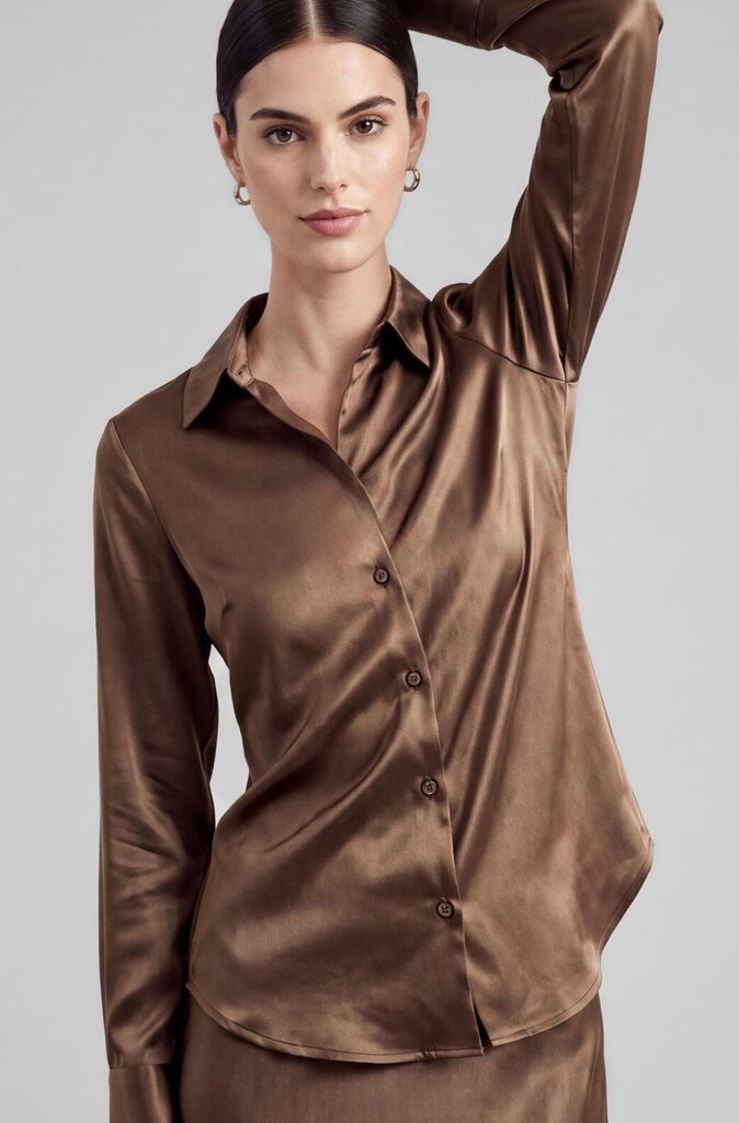 CURRENT AIR Brown Satin Look Long Sleeve Blouse Top