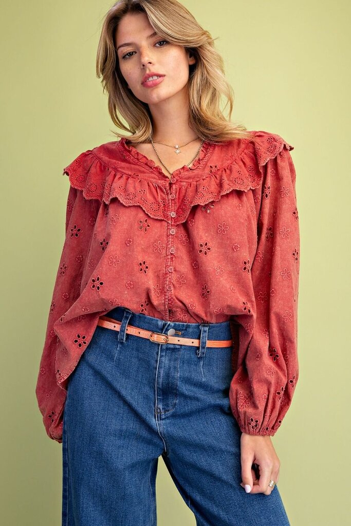 EASEL Boho Red Mineral Washed Eyelet Cotton Long Sleeve Top