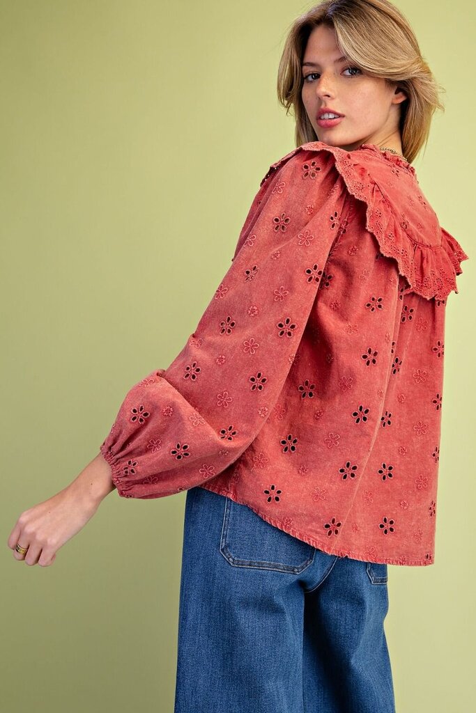 EASEL Boho Red Mineral Washed Eyelet Cotton Long Sleeve Top