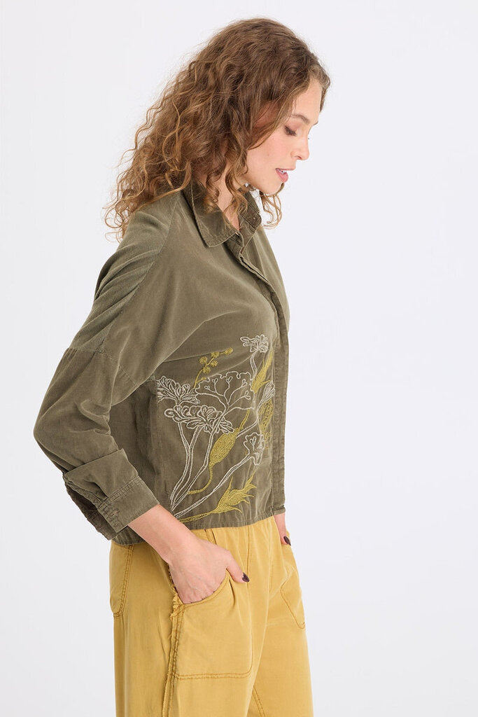 XCVI Kombu Pigment Kyle Embroidered Corduroy Button-Up Top