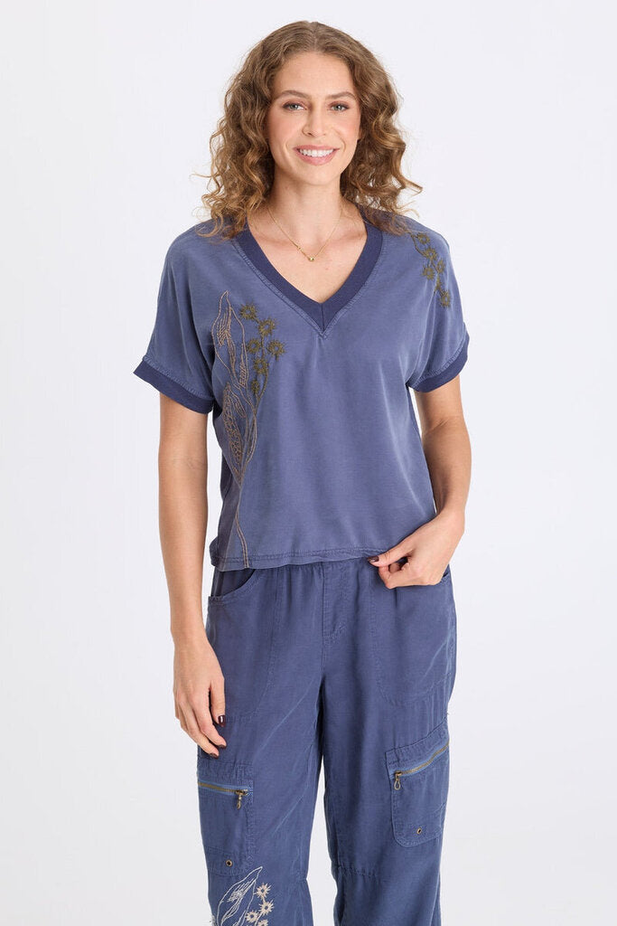 XCVI Bluestone Hanno Embroidered Twill V-Neck Top