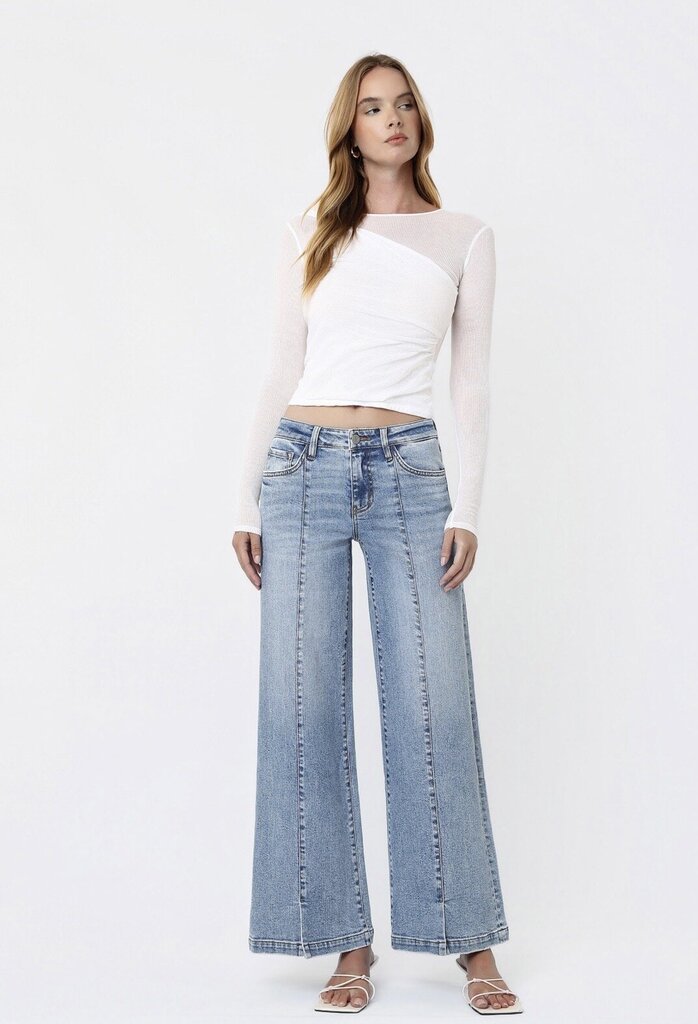 VERVET Mid Rise Seam Detail with Front Slit Hem Wide Leg Jeans