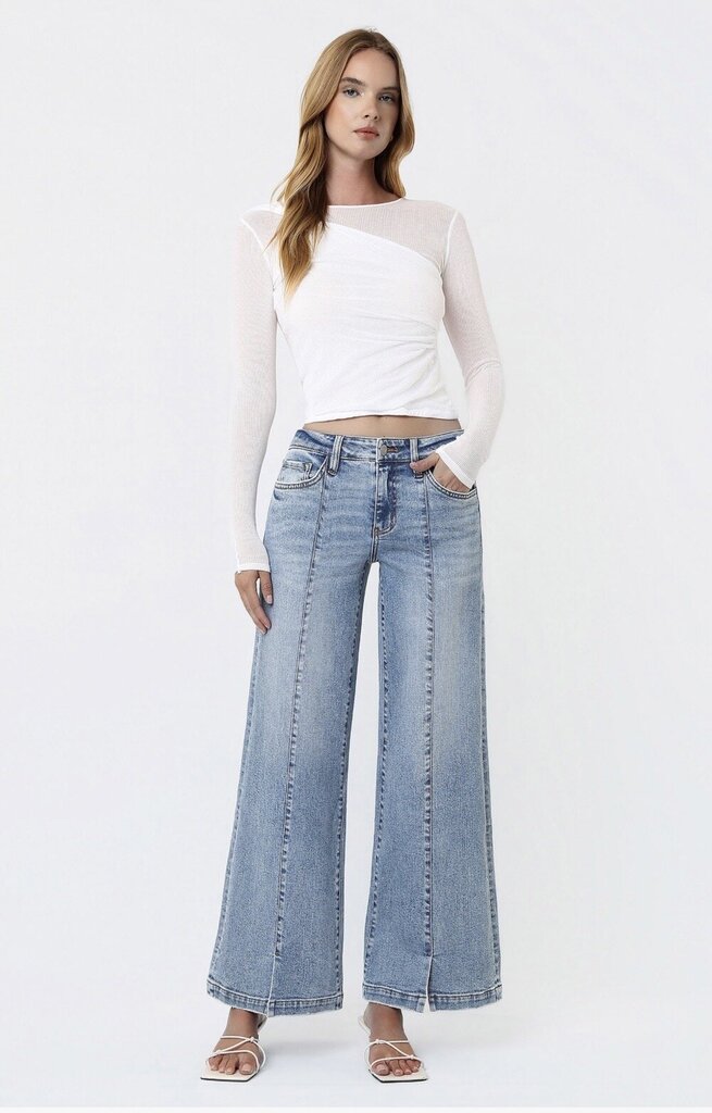 VERVET Mid Rise Seam Detail with Front Slit Hem Wide Leg Jeans