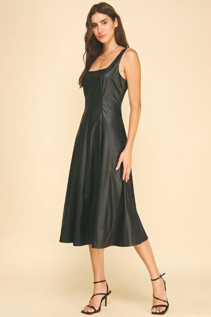 PINCH Sleeveless Black Pleather A-Line Midi Dress
