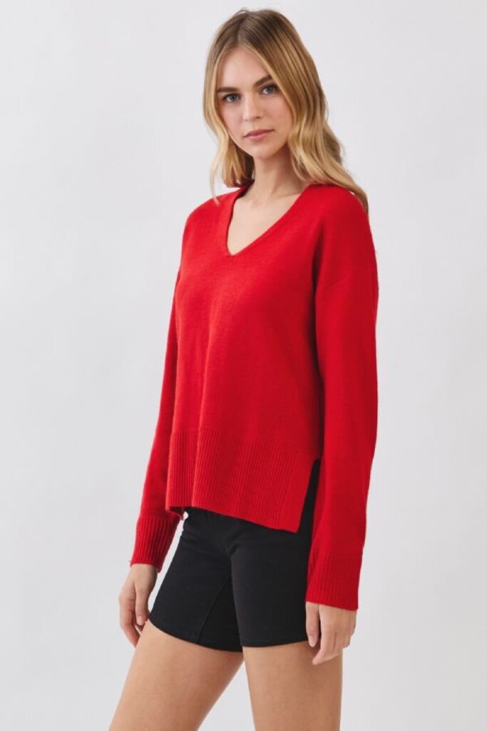 PINCH RED V-NECK DROP SHOULDER LONG SLEEVE SWEATER