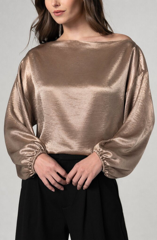 LIVERPOOL Bronze Long Sleeve One Shoulder Woven Top W/Tie Waist