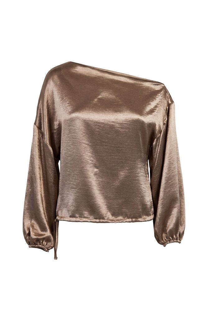LIVERPOOL Bronze Long Sleeve One Shoulder Woven Top W/Tie Waist