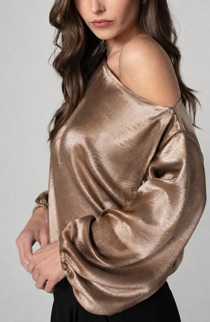 LIVERPOOL Bronze Long Sleeve One Shoulder Woven Top W/Tie Waist