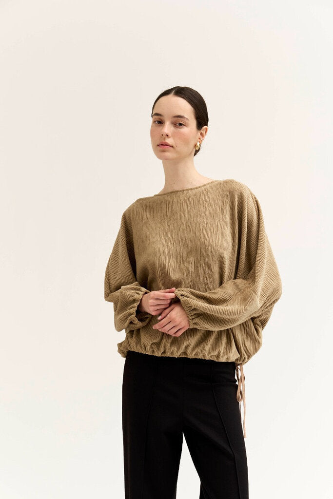 GRADE & GATHER Taupe Long Sleeve Bubble Hem Top