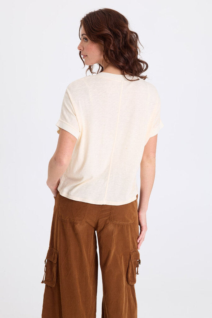 XCVI Hanno Embroidered Cream Twill V-Neck Short Sleeve Top