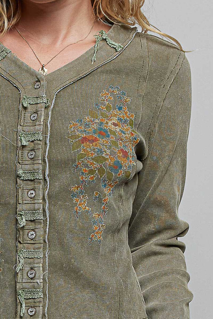 POL Olive Stonewash Long Sleeve button-up Floral Print Top