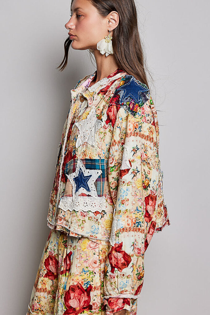 POL Multi Floral Patchwork Long Sleeve Jacket