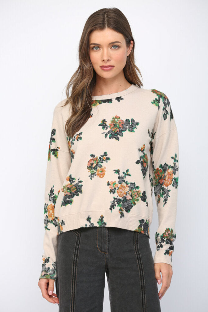 FATE Cream Floral Buttery-Soft Crew Neckline Long Sleeve Sweater