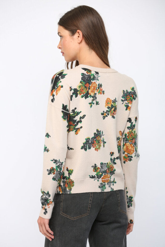 FATE Cream Floral Buttery-Soft Crew Neckline Long Sleeve Sweater