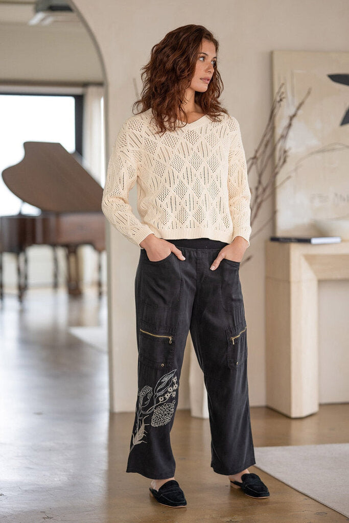 XCVI Cream V-Neck Cotton Open Knit Long Sleeve Sweater