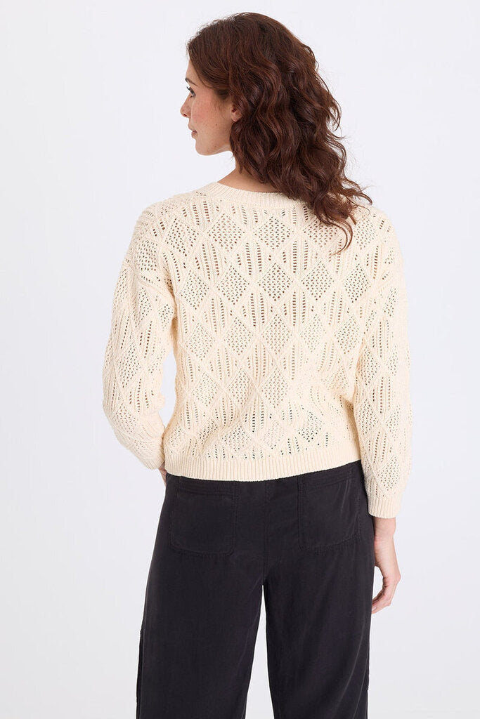 XCVI Cream V-Neck Cotton Open Knit Long Sleeve Sweater