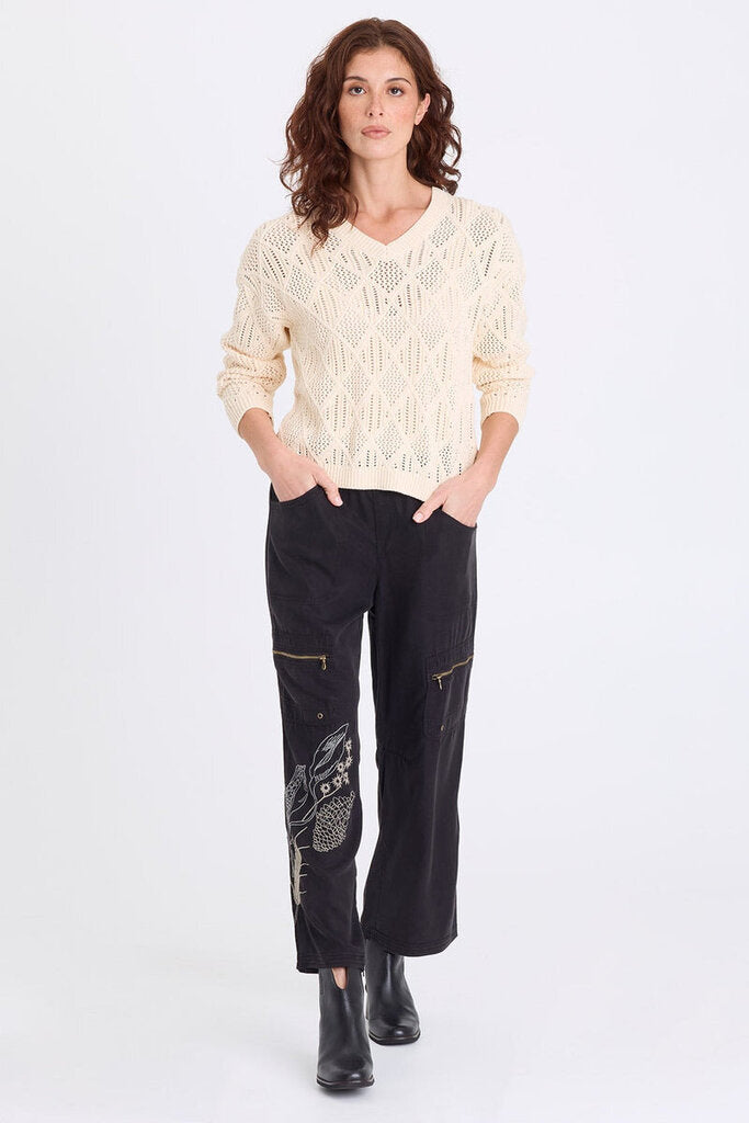 XCVI Cream V-Neck Cotton Open Knit Long Sleeve Sweater