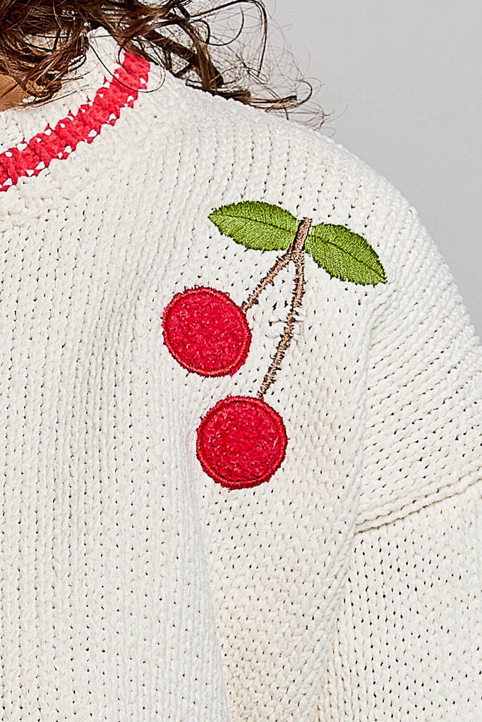 POL Cream Long Sleeve with Embroidered Cherries