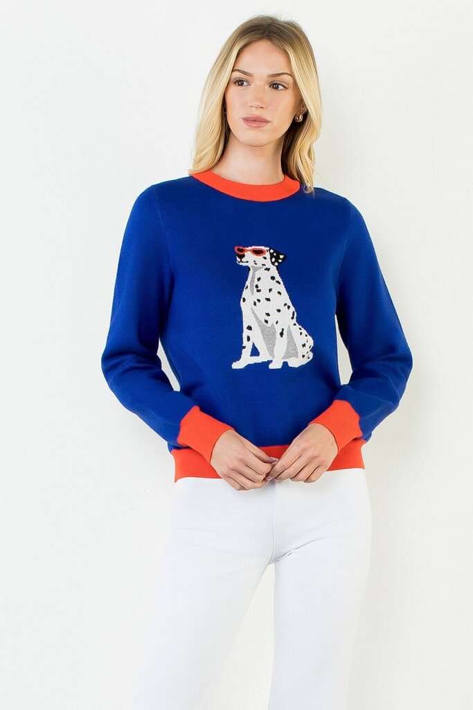 THML Blue and Orange Dog Print Long Sleeve Sweater
