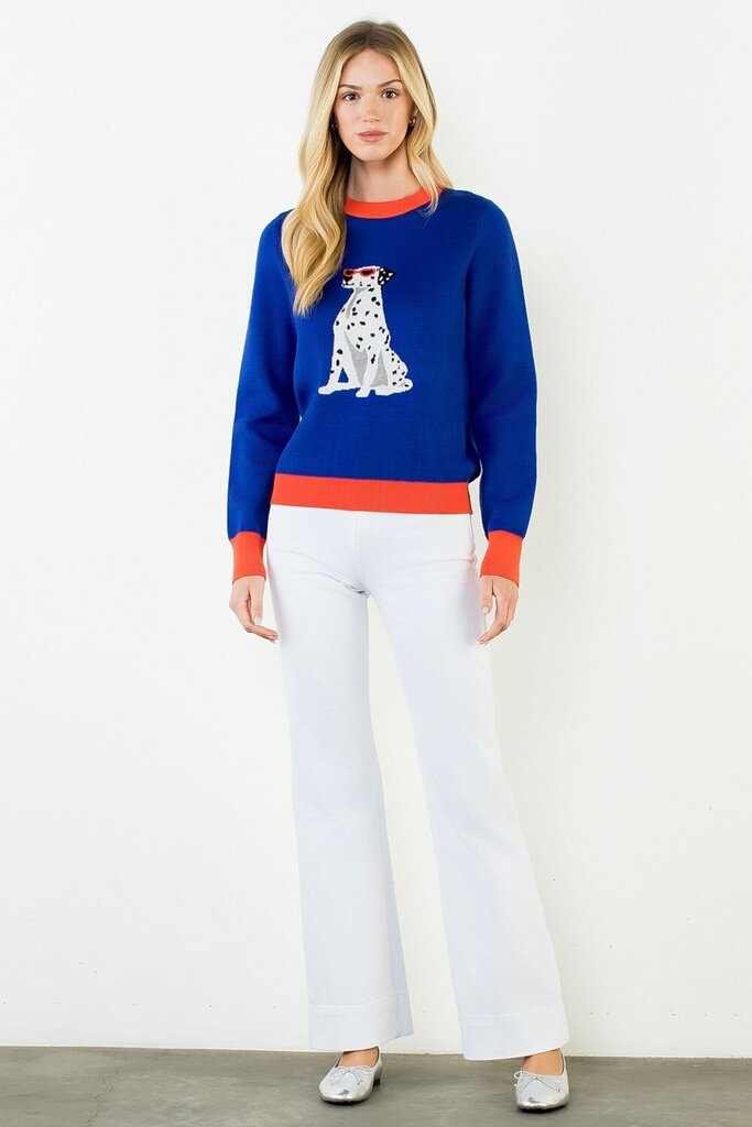 THML Blue and Orange Dog Print Long Sleeve Sweater