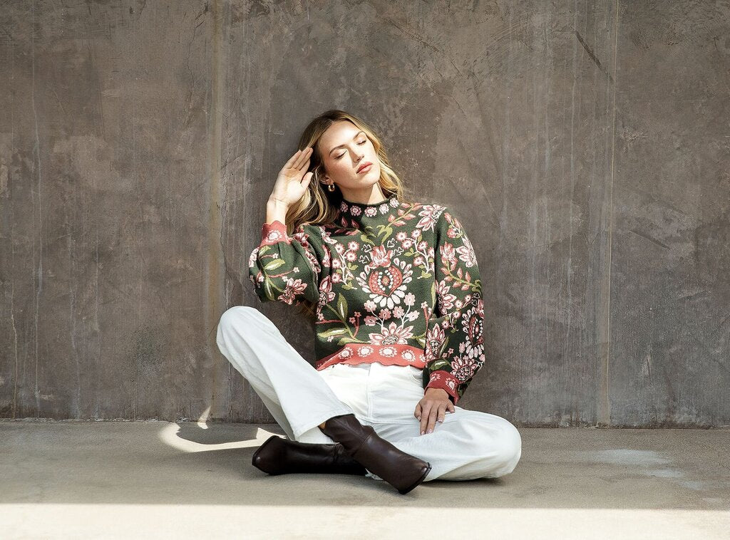 THML Buttery-Soft Green Floral Mix Long Sleeve Sweater