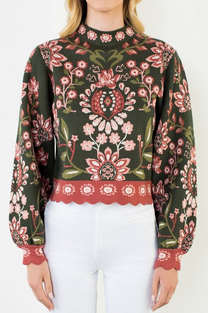 THML Buttery-Soft Green Floral Mix Long Sleeve Sweater