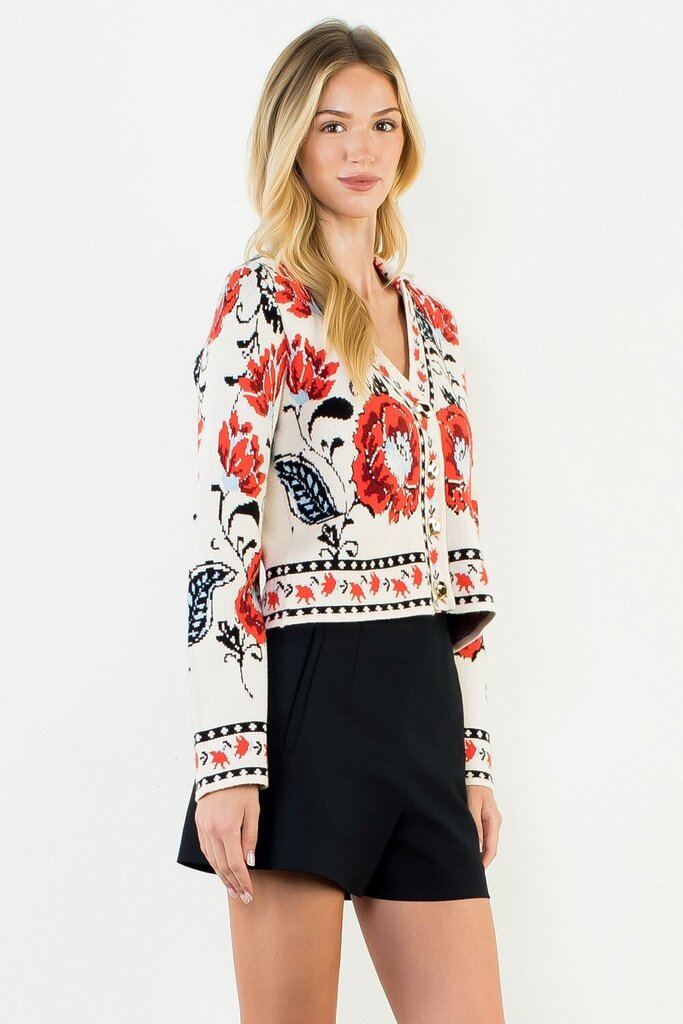 THML Buttery-Soft Cream and Red Floral Mix Long Sleeve Cardigan Sweater