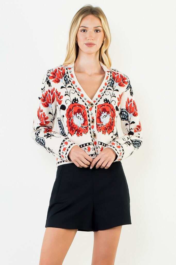 THML Buttery-Soft Cream and Red Floral Mix Long Sleeve Cardigan Sweater