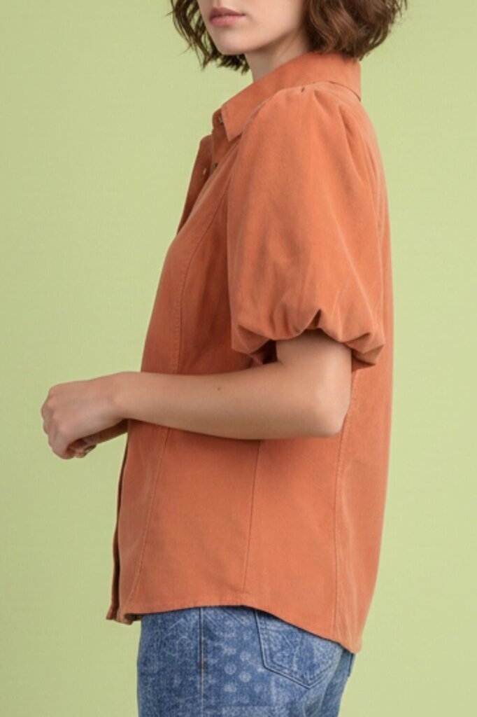 EASEL Salmon Soft Corduroy Button-Down Bubble Short Sleeve Top