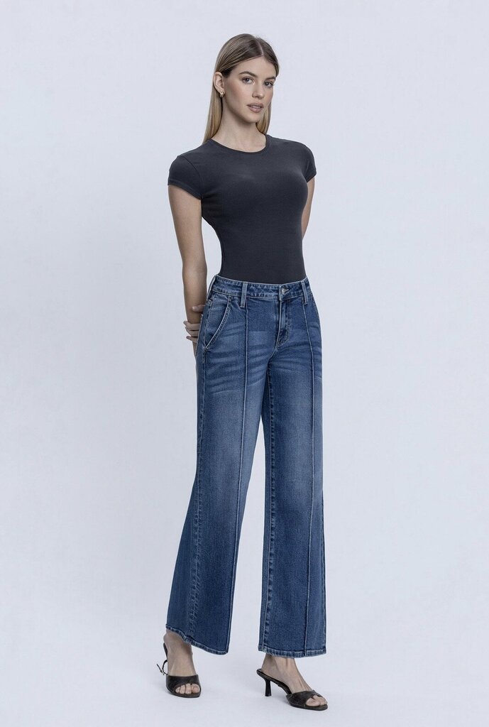 LOVERVET High Rise Dark Wash Pintuck Wide Leg Jeans