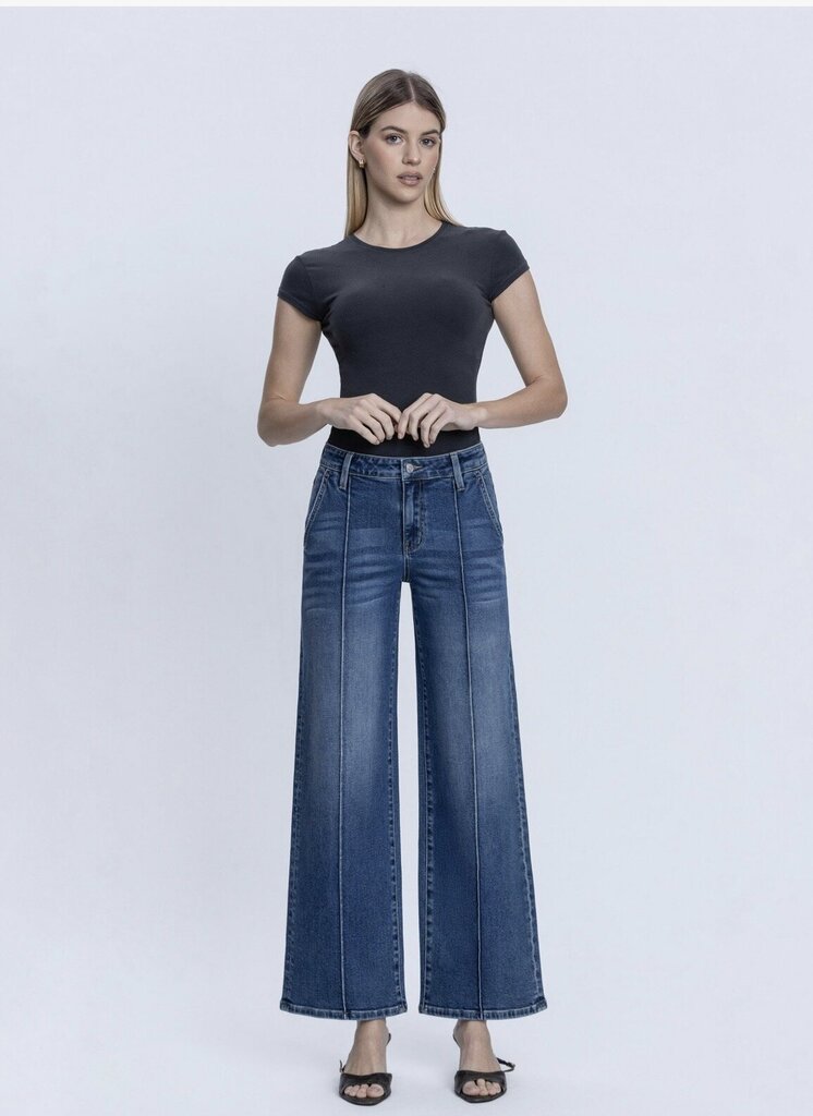 LOVERVET High Rise Dark Wash Pintuck Wide Leg Jeans