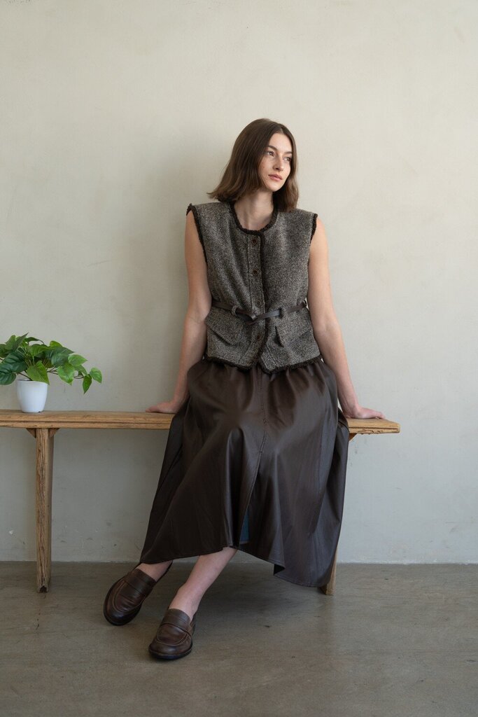 ELLE GREY ESPRESSO CHOCOALTE DRAWSTRING A-LINE MIDI SKIRT