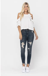 JUDY BLUE Mid Rise Skinny Distressed Jean with Shark Bite Hem