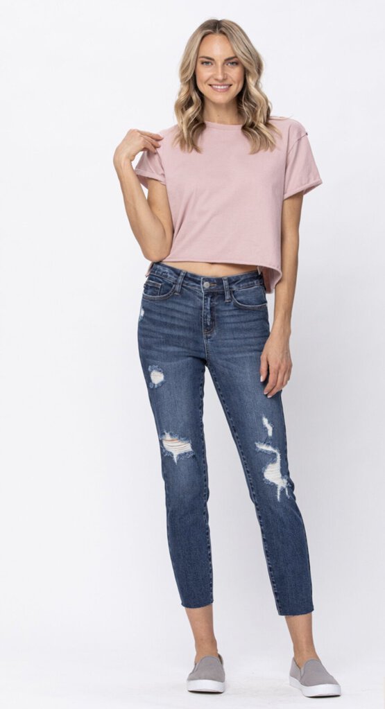 JUDY BLUE Mid-Rise Cut Off Hem Relaxed Fit Jean