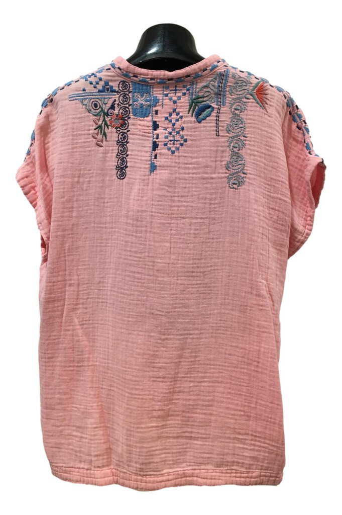 BIYA JOHNNY WAS Chrisley Pink Short Sleeve Cotton Gauze Embroidered Top