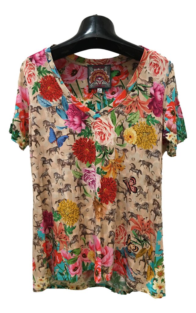JOHNNY WAS Lace Garden Bamboo V-neck Short Sleeve Tee Top