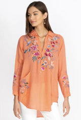 JOHNNY WAS WORKSHOP Tangerine Orange Long Sleeve Embroidered Henley Top