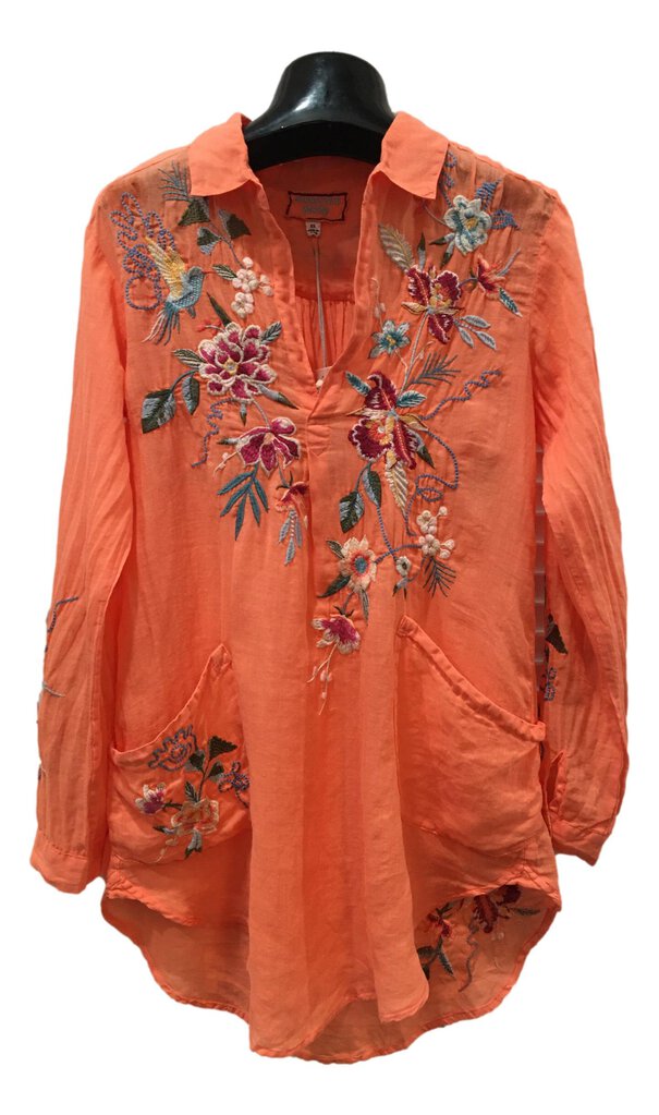 JOHNNY WAS WORKSHOP Tangerine Orange Long Sleeve Embroidered Henley Top