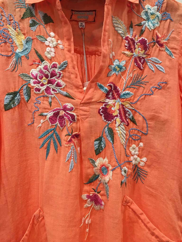 JOHNNY WAS WORKSHOP Tangerine Orange Long Sleeve Embroidered Henley Top