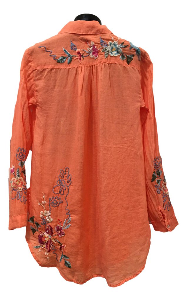 JOHNNY WAS WORKSHOP Tangerine Orange Long Sleeve Embroidered Henley Top