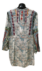 BIYA BY JOHNNY WAS White and Blue Mix Silk Long Sleeve Embroidered Isla Tunic To