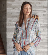 BIYA BY JOHNNY WAS White and Blue Mix Silk Long Sleeve Embroidered Isla Tunic To