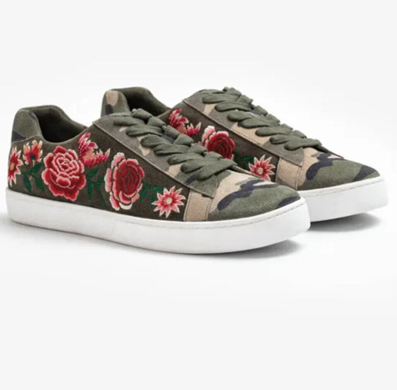 JOHNNY WAS Junia Olive Suede Leather Camo with Embroidery Sneaker