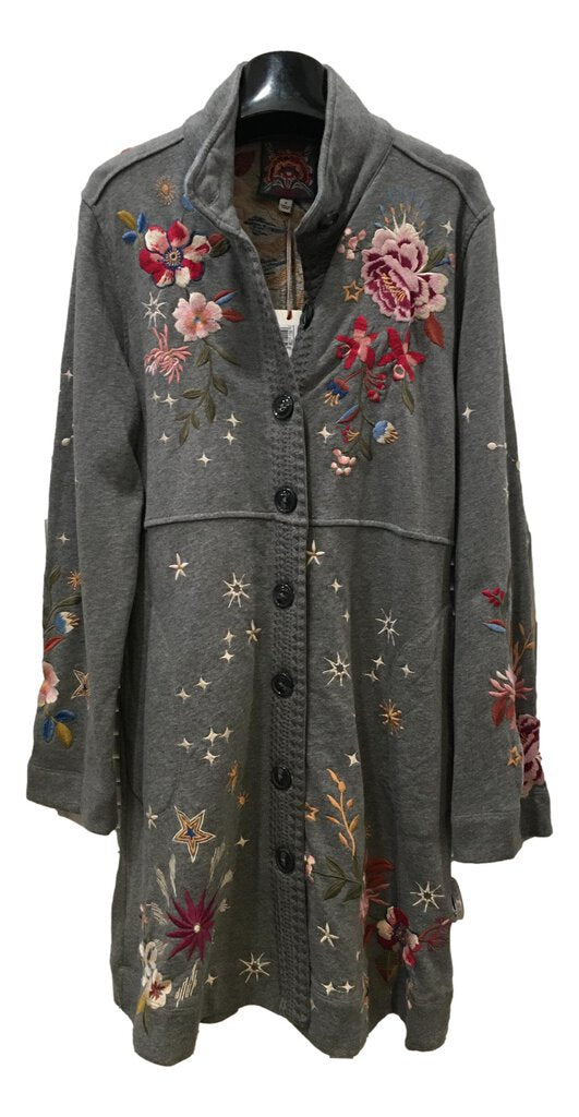 JOHNNY WAS Heather Grey Celestin French Terry Embroidered Military Jacket