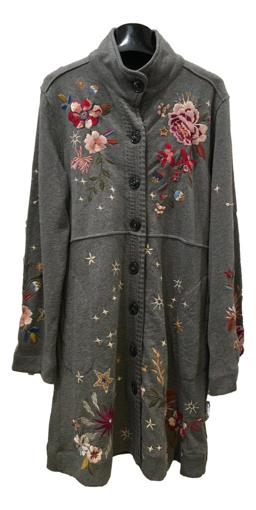 JOHNNY WAS Heather Grey Celestin French Terry Embroidered Military Jacket