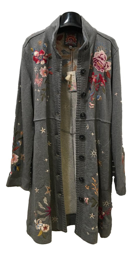 JOHNNY WAS Grey French Terry Embroidered Long Sleeve Coat